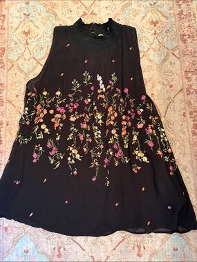 Black Sleeveless Mock-Neck Blouse with Multicolor Floral Embroidery